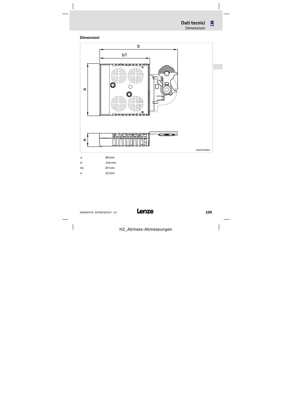 Dimensioni, Dati tecnici | Lenze E94AYCIB User Manual | Page 109 / 124