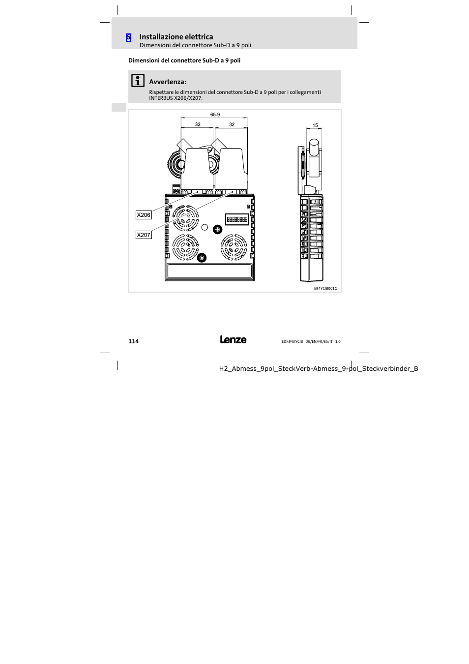 Dimensioni del connettore sub-d a 9 poli, Dimensioni del connettore sub−d a 9 poli | Lenze E94AYCIB User Manual | Page 114 / 124