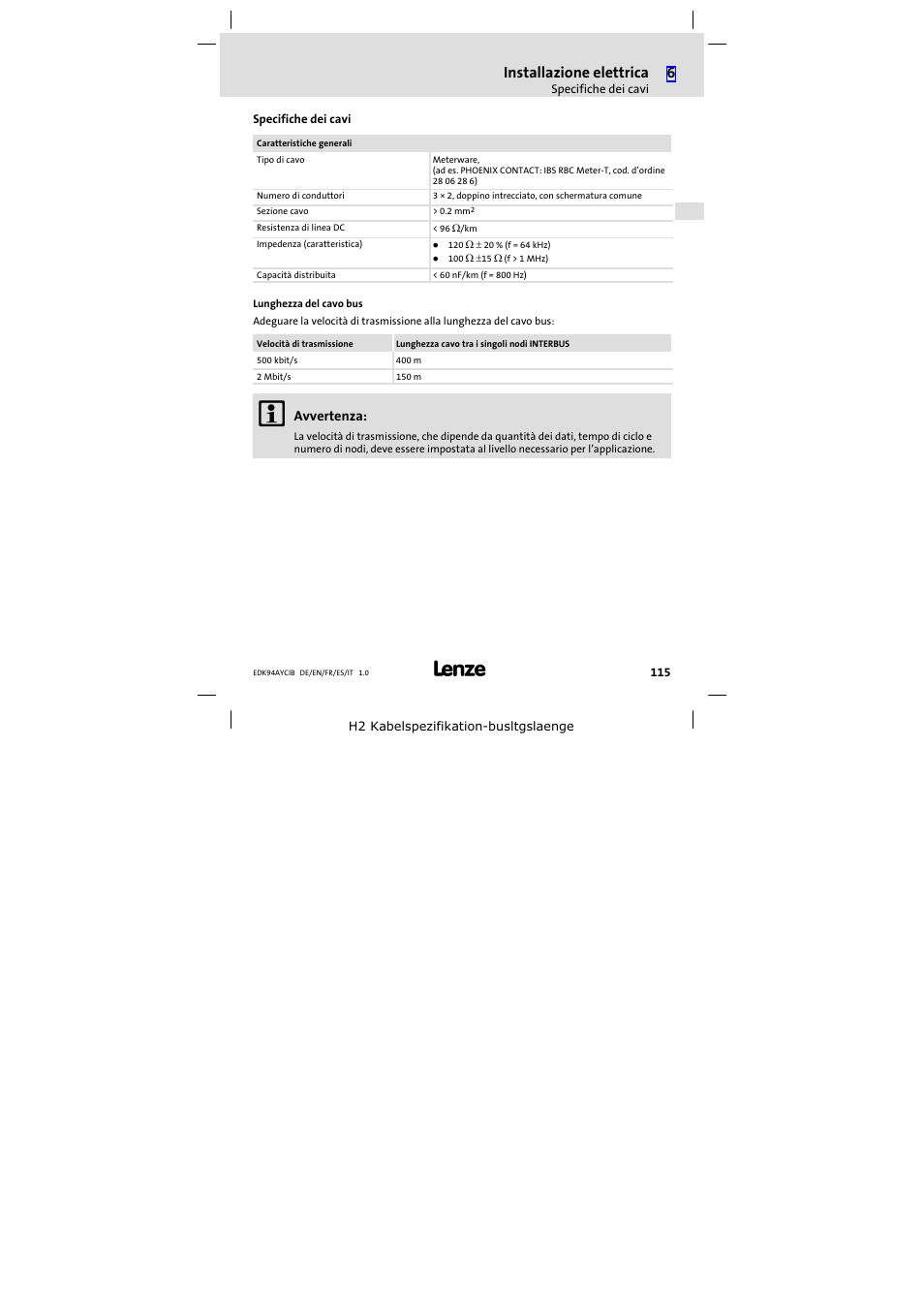 Specifiche dei cavi, Installazione elettrica | Lenze E94AYCIB User Manual | Page 115 / 124