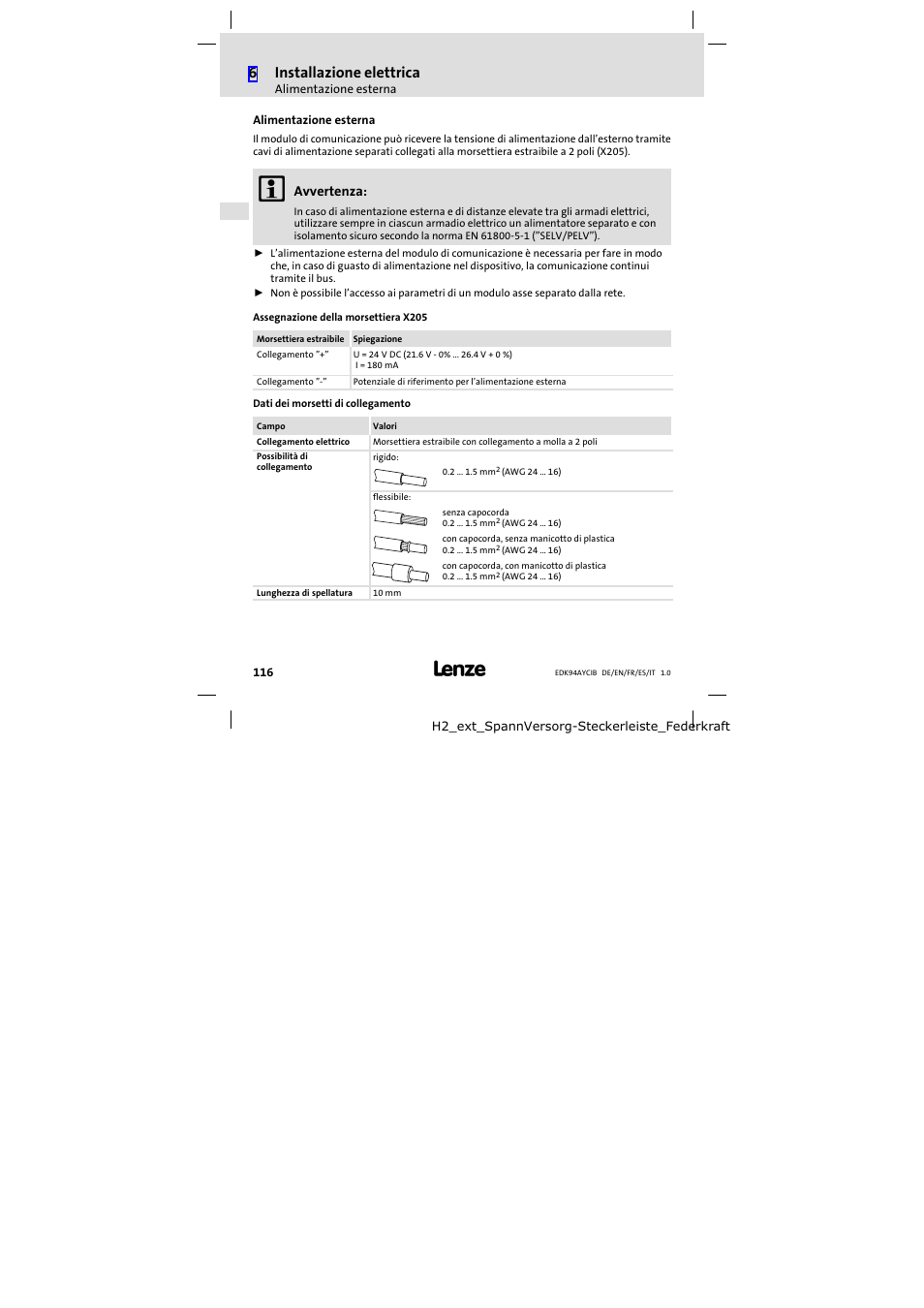 Alimentazione esterna, 6installazione elettrica, Avvertenza | Lenze E94AYCIB User Manual | Page 116 / 124