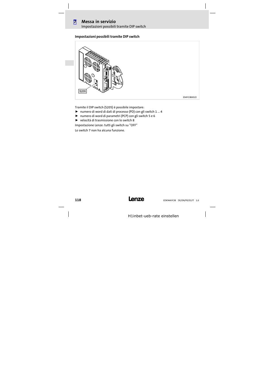 Impostazioni possibili tramite dip switch, 7messa in servizio | Lenze E94AYCIB User Manual | Page 118 / 124