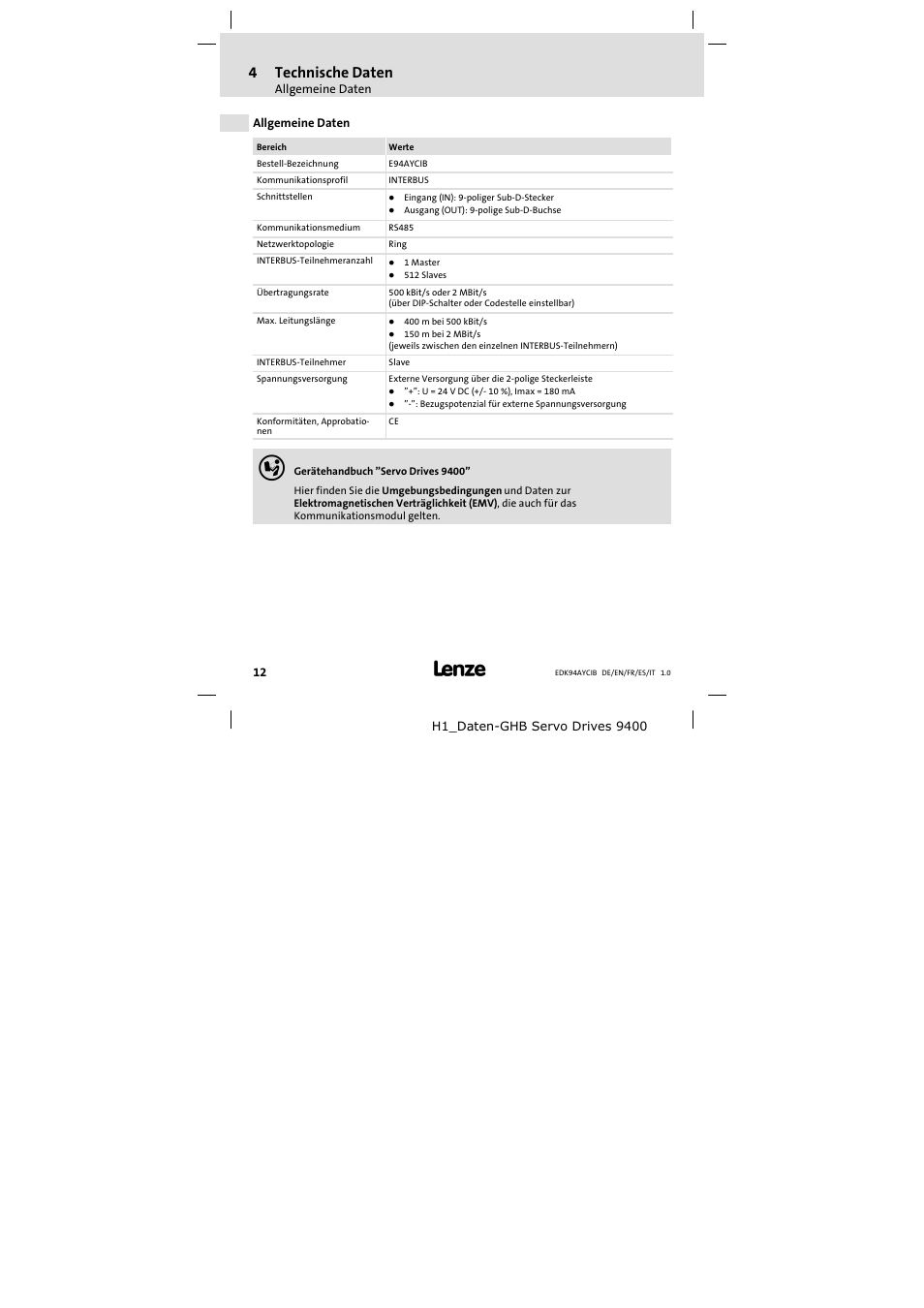 4 technische daten, Allgemeine daten, Technische daten | 4technische daten | Lenze E94AYCIB User Manual | Page 12 / 124