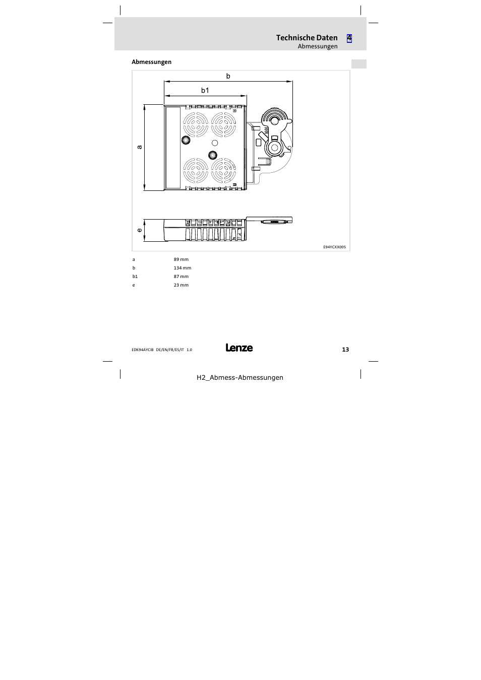 Abmessungen, Technische daten | Lenze E94AYCIB User Manual | Page 13 / 124