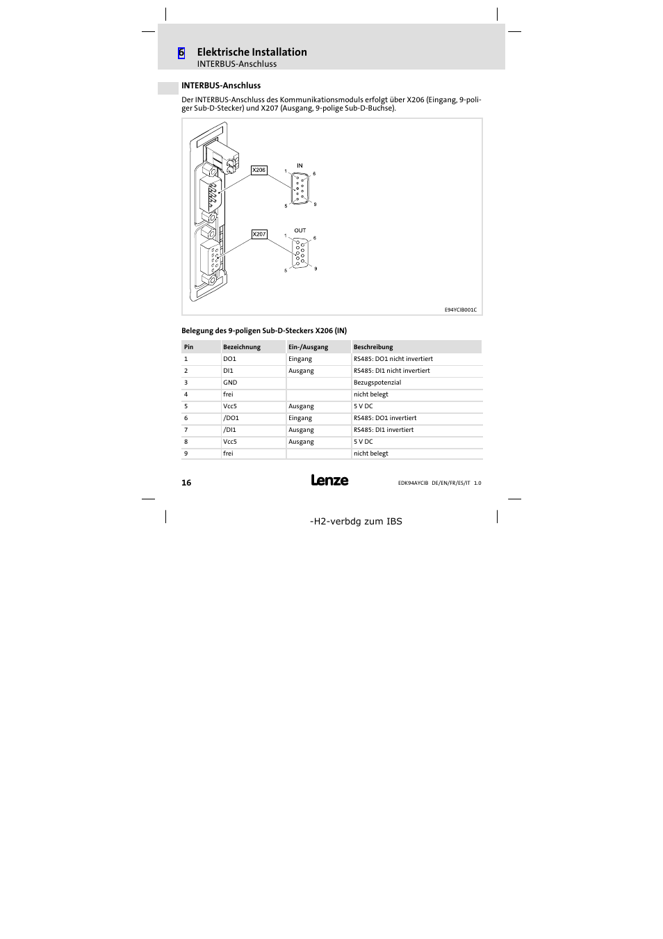 Interbus-anschluss, Interbus−anschluss, 6elektrische installation | Lenze E94AYCIB User Manual | Page 16 / 124
