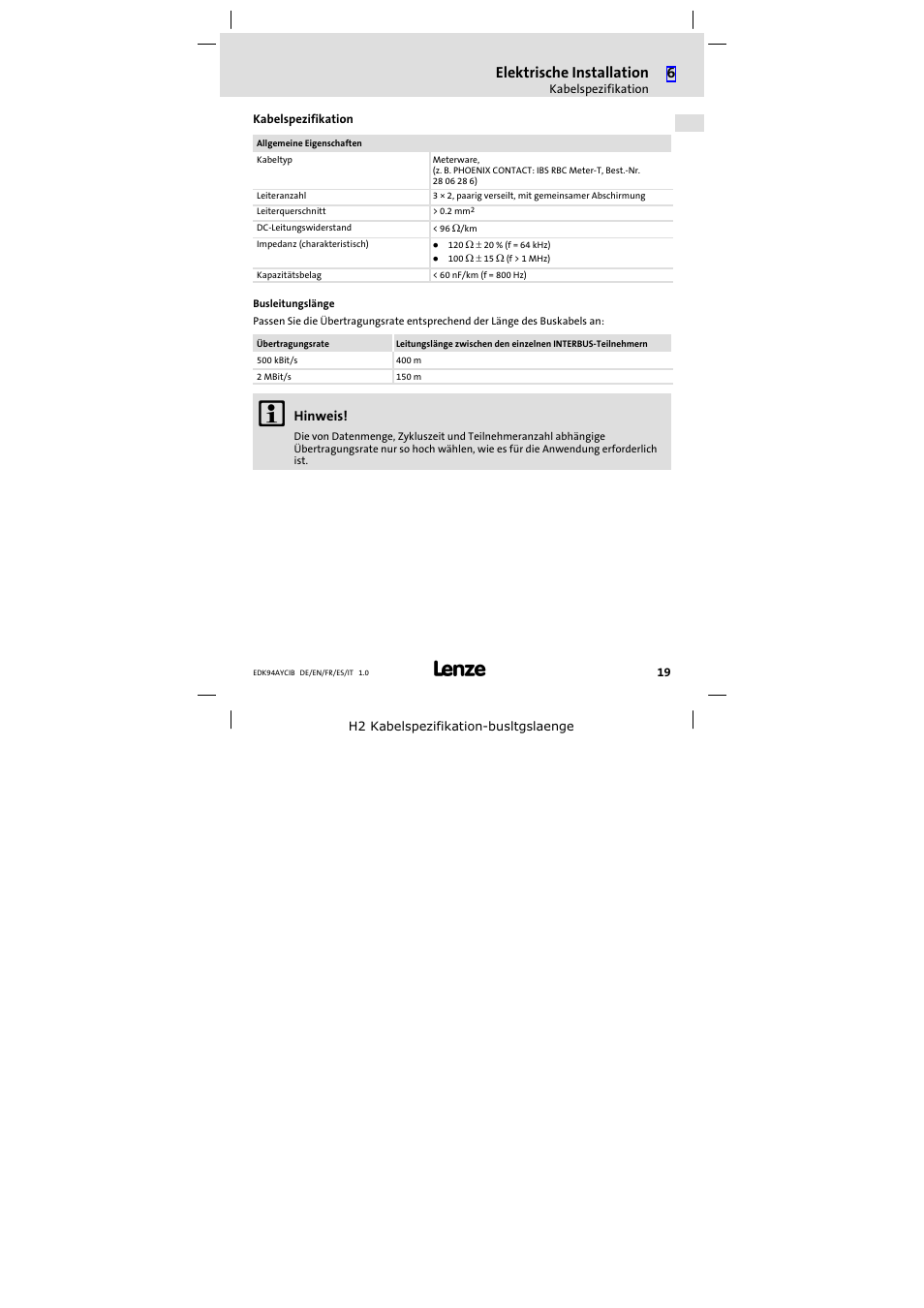 Kabelspezifikation, Kabelspezifikation 19, Elektrische installation | Lenze E94AYCIB User Manual | Page 19 / 124