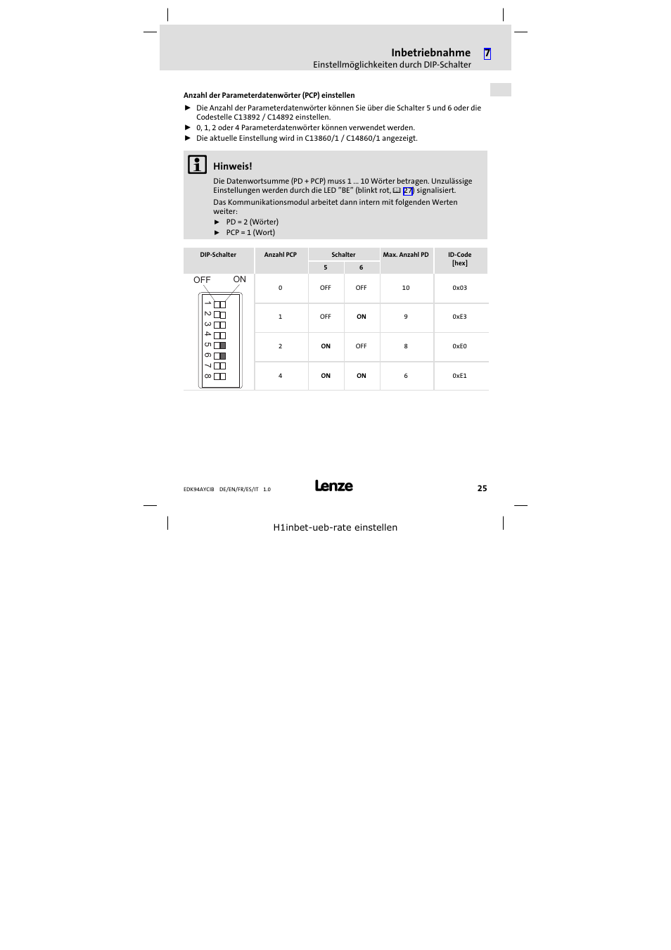 Inbetriebnahme, Hinweis | Lenze E94AYCIB User Manual | Page 25 / 124