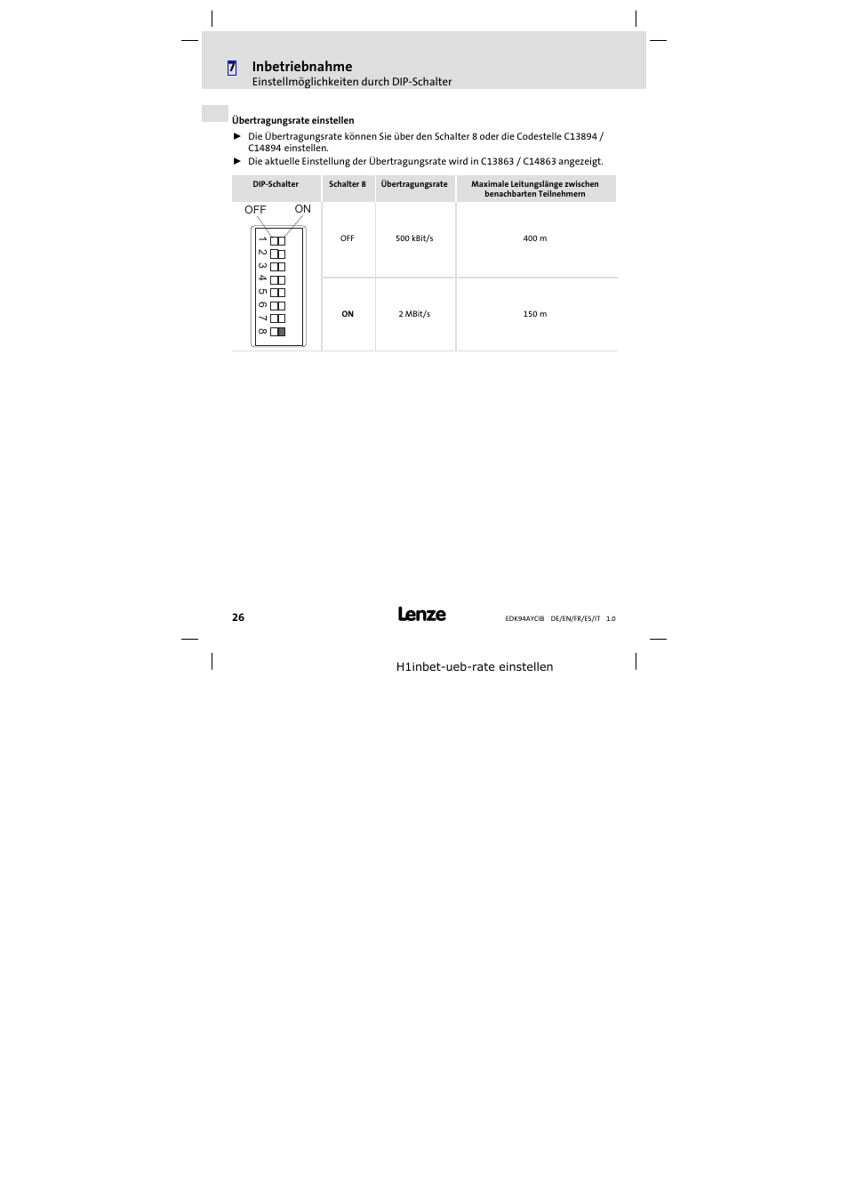 7inbetriebnahme | Lenze E94AYCIB User Manual | Page 26 / 124