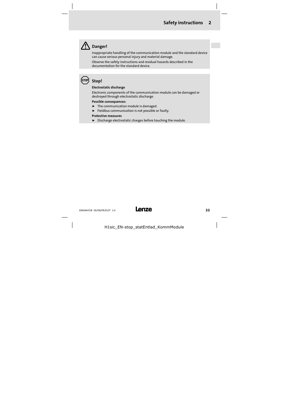 2 safety instructions, Safety instructions | Lenze E94AYCIB User Manual | Page 33 / 124