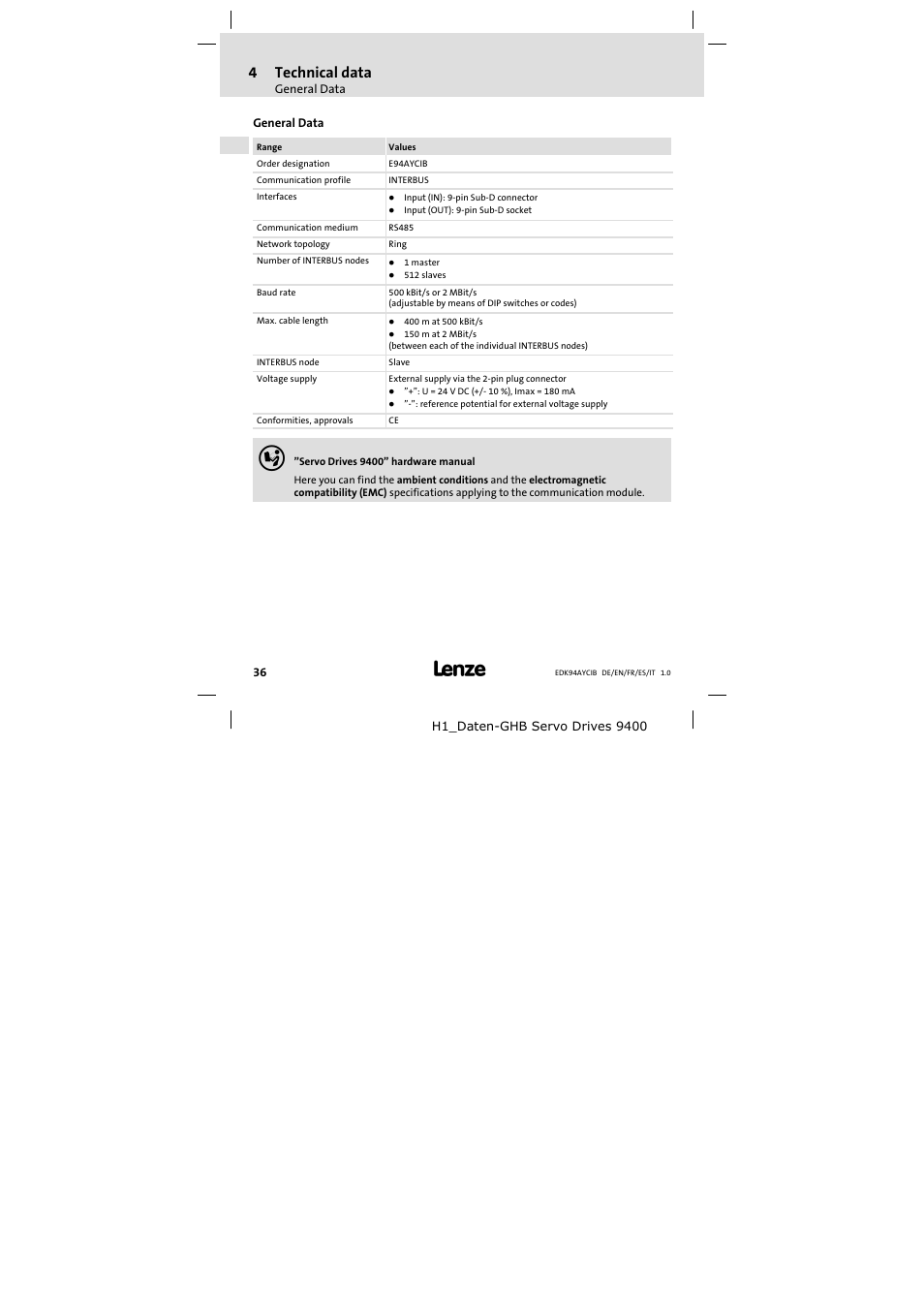 4 technical data, General data, Technical data | 4technical data | Lenze E94AYCIB User Manual | Page 36 / 124