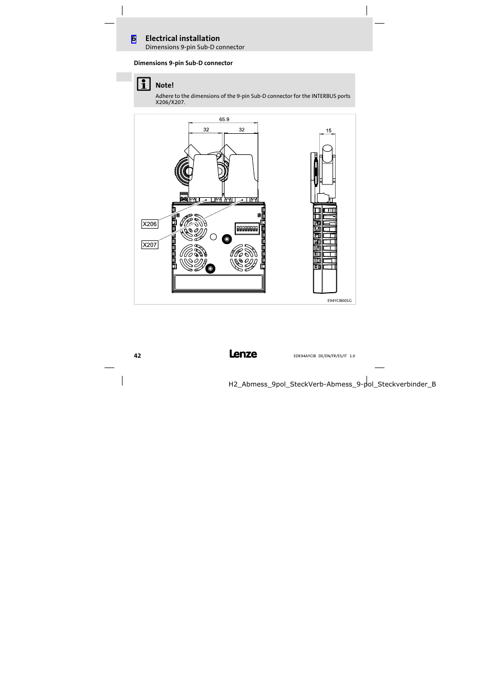 Dimensions 9-pin sub-d connector, Dimensions 9−pin sub−d connector | Lenze E94AYCIB User Manual | Page 42 / 124