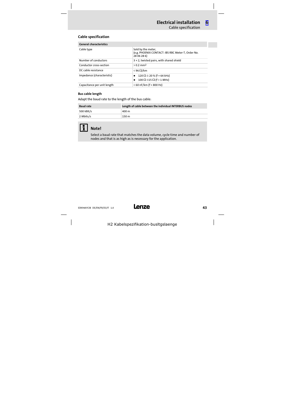 Cable specification, Electrical installation | Lenze E94AYCIB User Manual | Page 43 / 124