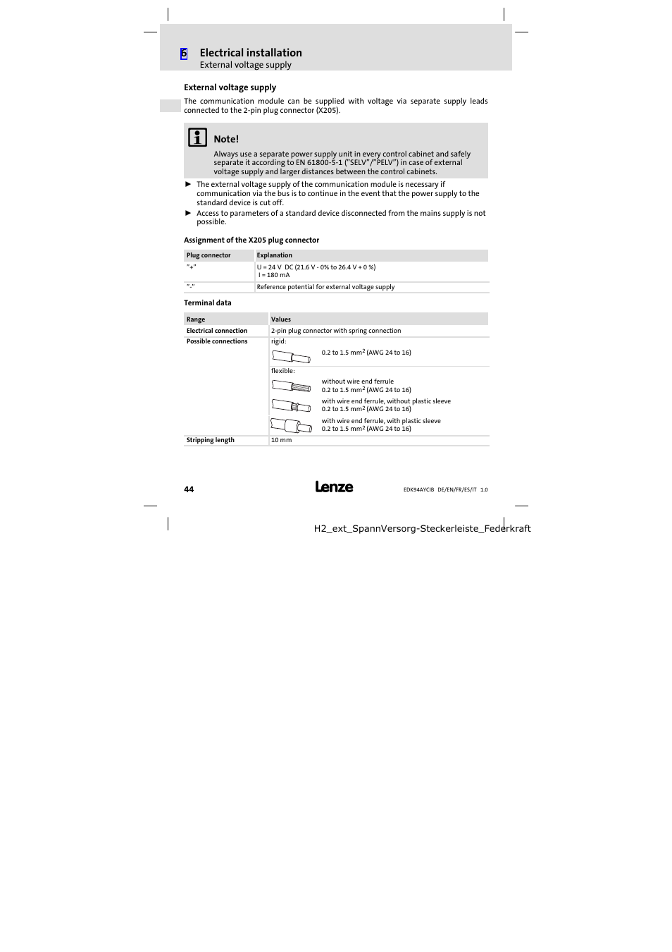 External voltage supply, 6electrical installation | Lenze E94AYCIB User Manual | Page 44 / 124