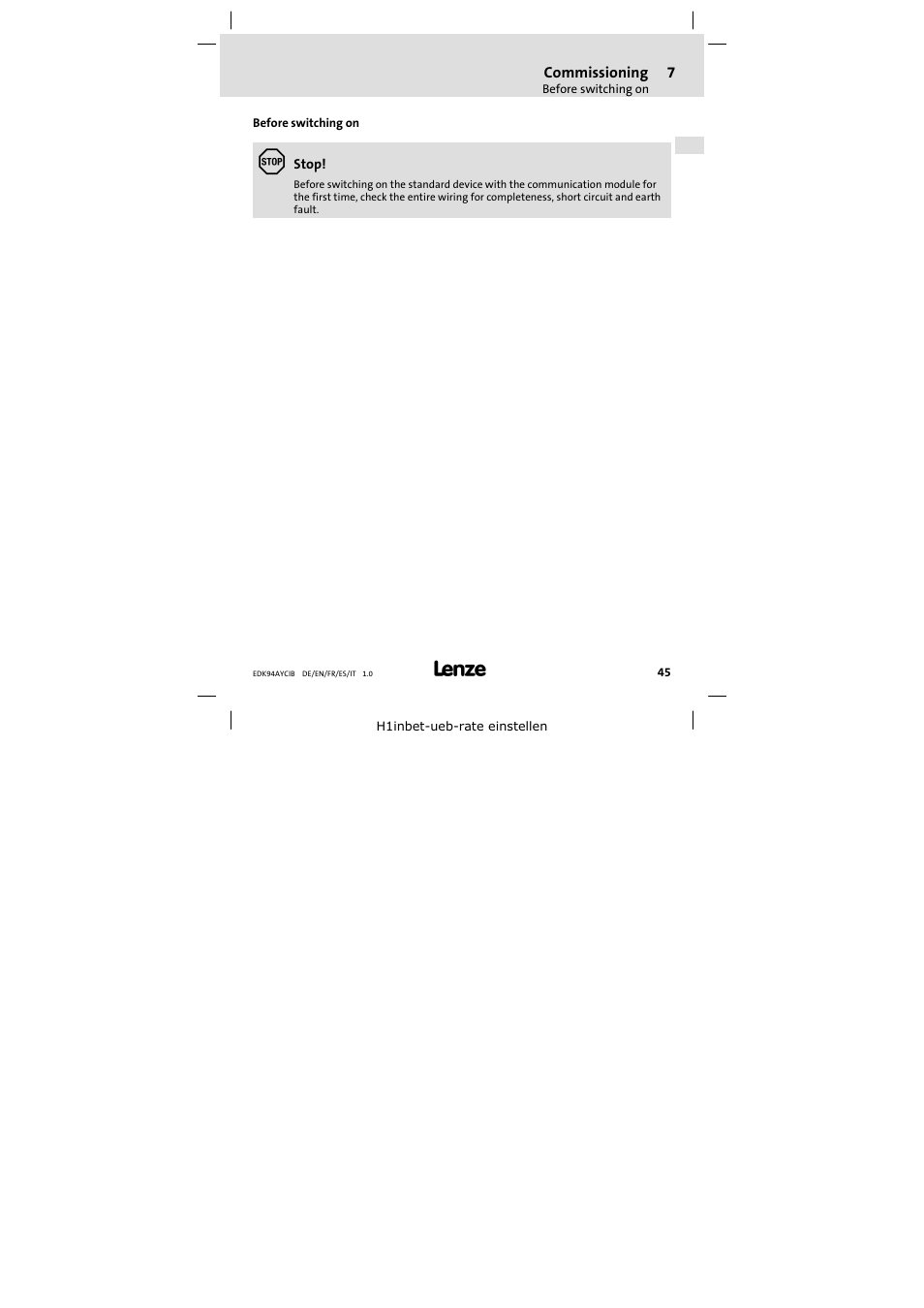 7 commissioning, Before switching on, Commissioning 45 | Lenze E94AYCIB User Manual | Page 45 / 124