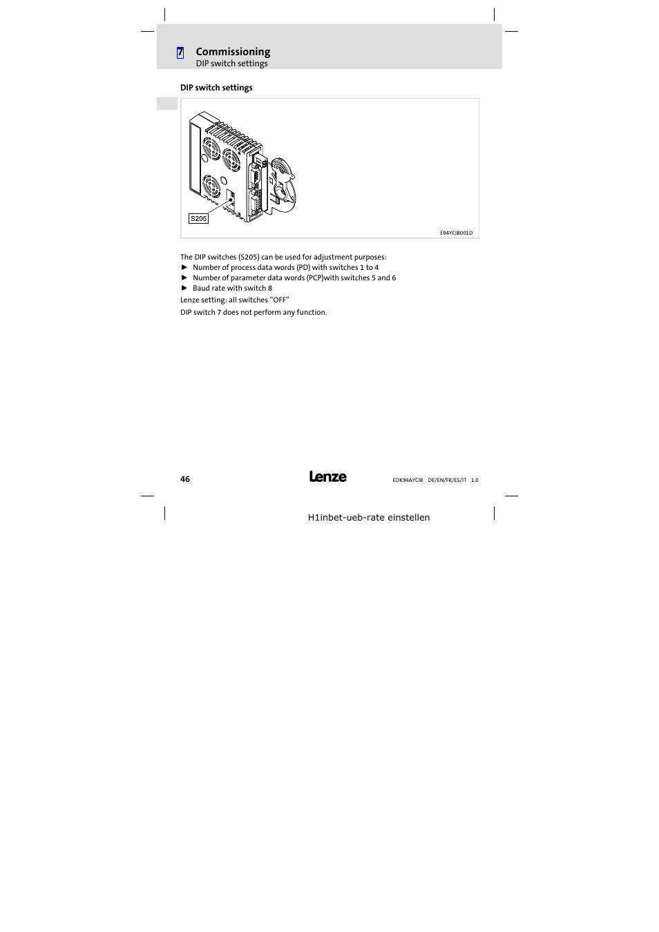 Dip switch settings, 7commissioning | Lenze E94AYCIB User Manual | Page 46 / 124