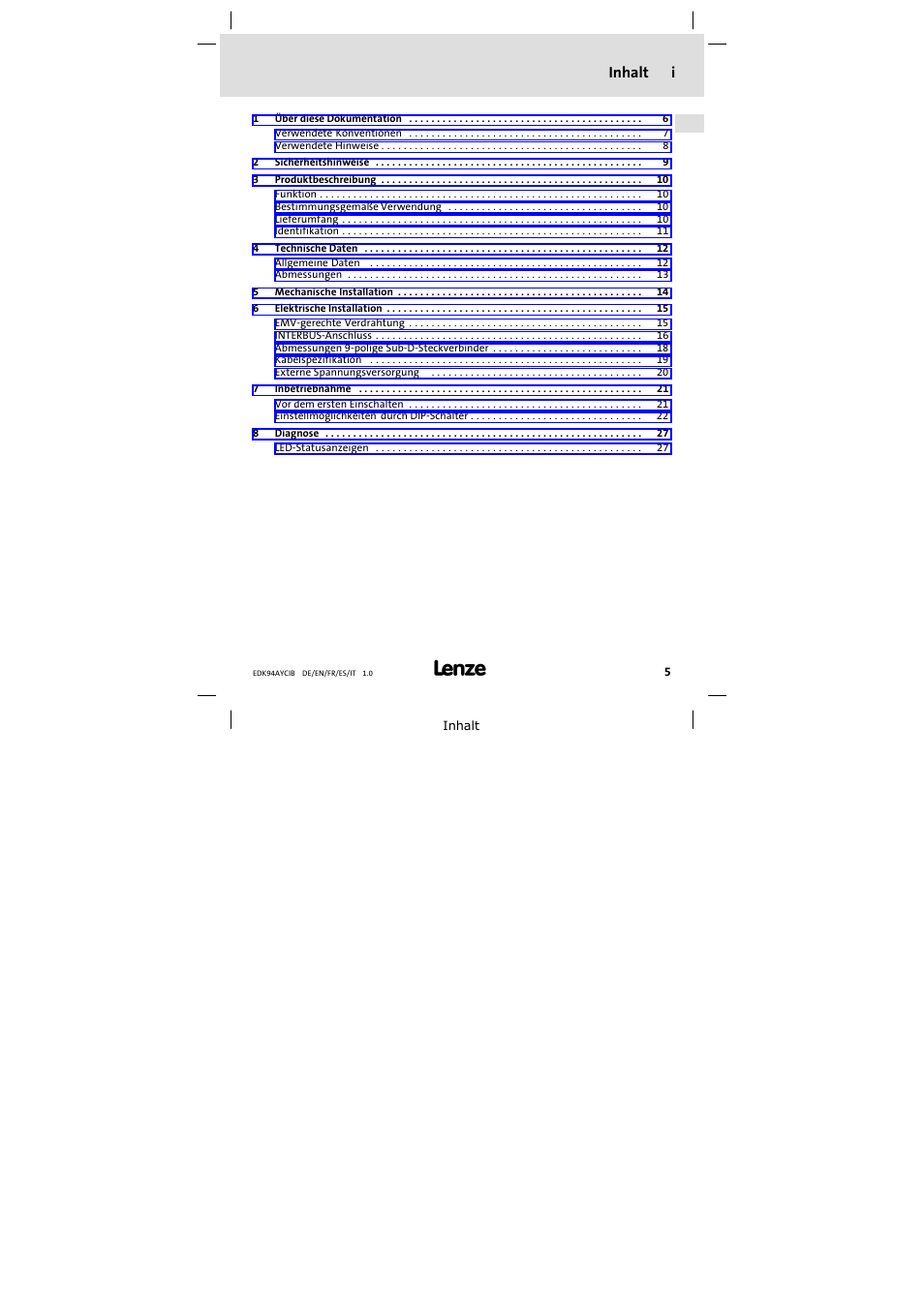 Inhalt, Inhalt i | Lenze E94AYCIB User Manual | Page 5 / 124