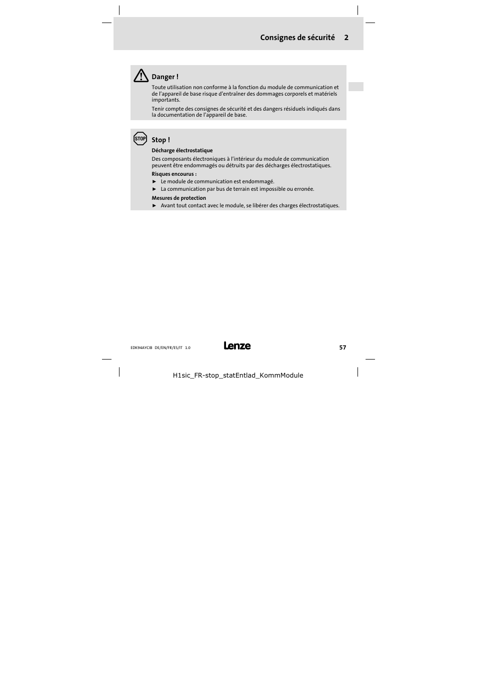 2 consignes de sécurité, Consignes de sécurité | Lenze E94AYCIB User Manual | Page 57 / 124