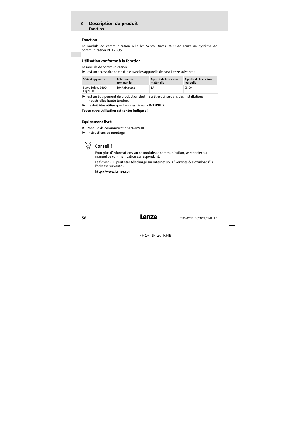 3 description du produit, Fonction, Utilisation conforme à la fonction | Equipement livré, Description du produit, Fonction 58, 3description du produit | Lenze E94AYCIB User Manual | Page 58 / 124