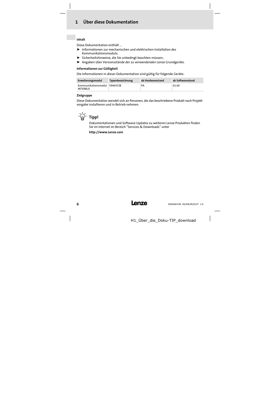 1 über diese dokumentation, Über diese dokumentation, 1über diese dokumentation | Lenze E94AYCIB User Manual | Page 6 / 124