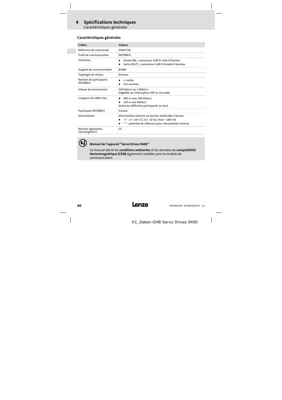 4 spécifications techniques, Caractéristiques générales, Spécifications techniques | 4spécifications techniques | Lenze E94AYCIB User Manual | Page 60 / 124