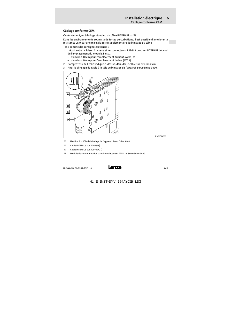 6 installation électrique, Câblage conforme cem, Installation électrique | Lenze E94AYCIB User Manual | Page 63 / 124