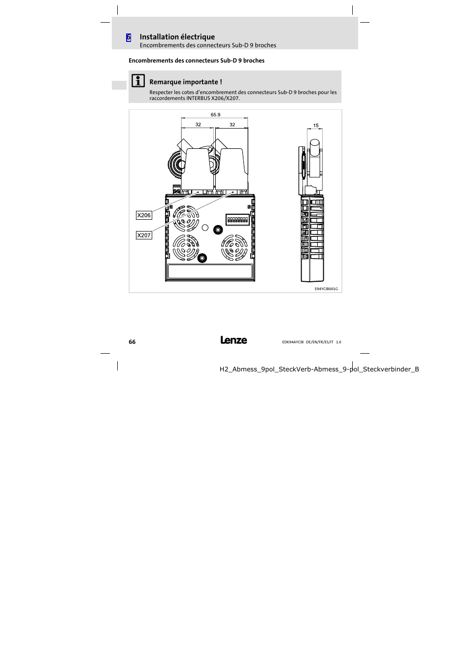 Encombrements des connecteurs sub-d 9 broches, Encombrements des connecteurs sub−d 9 broches | Lenze E94AYCIB User Manual | Page 66 / 124