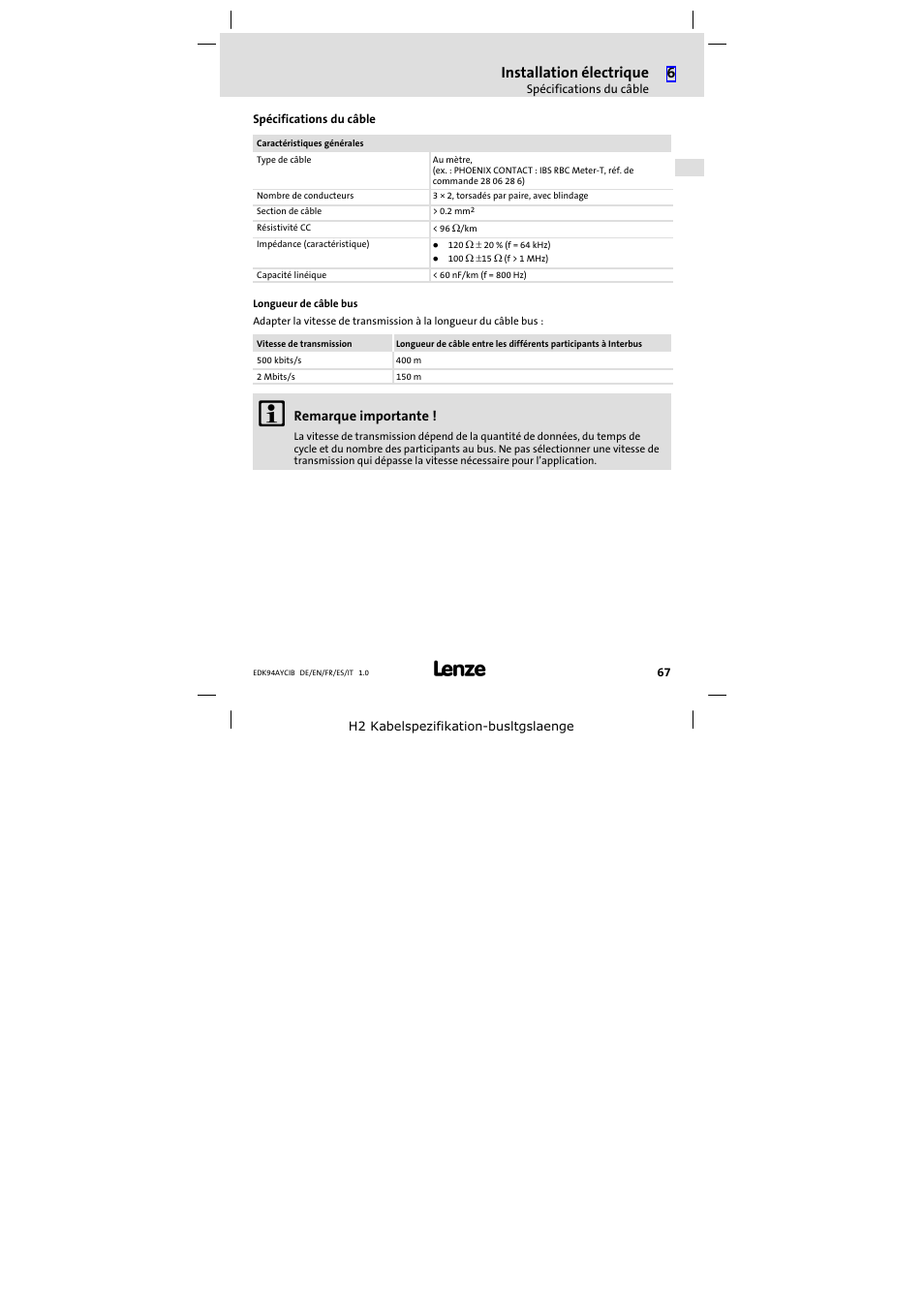 Spécifications du câble, Installation électrique | Lenze E94AYCIB User Manual | Page 67 / 124