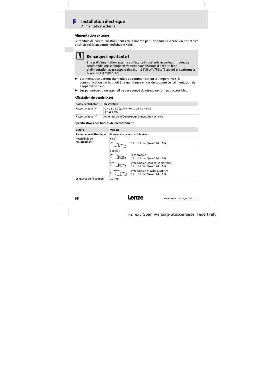 Alimentation externe, 6installation électrique, Remarque importante | Lenze E94AYCIB User Manual | Page 68 / 124