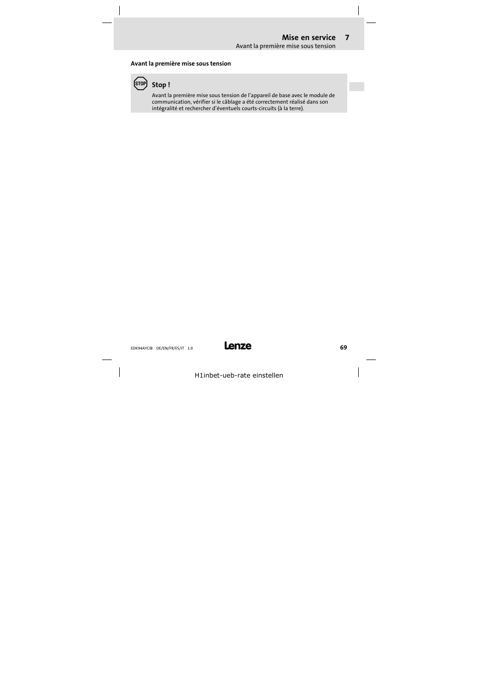 7 mise en service, Avant la première mise sous tension, Mise en service | Lenze E94AYCIB User Manual | Page 69 / 124