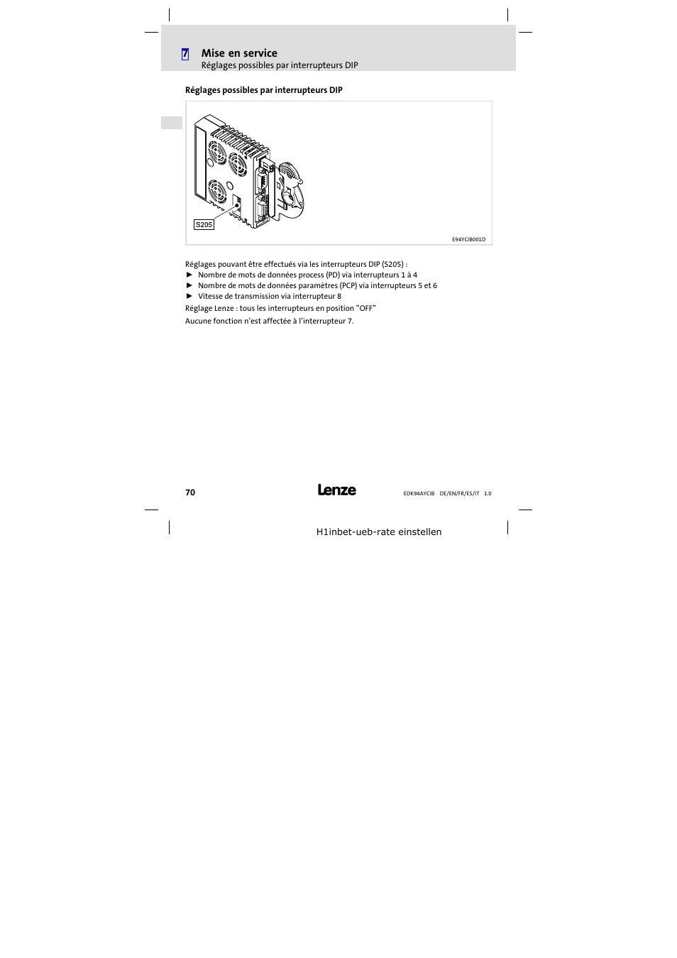 Réglages possibles par interrupteurs dip, 7mise en service | Lenze E94AYCIB User Manual | Page 70 / 124