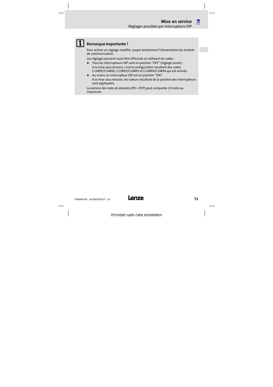 Lenze E94AYCIB User Manual | Page 71 / 124