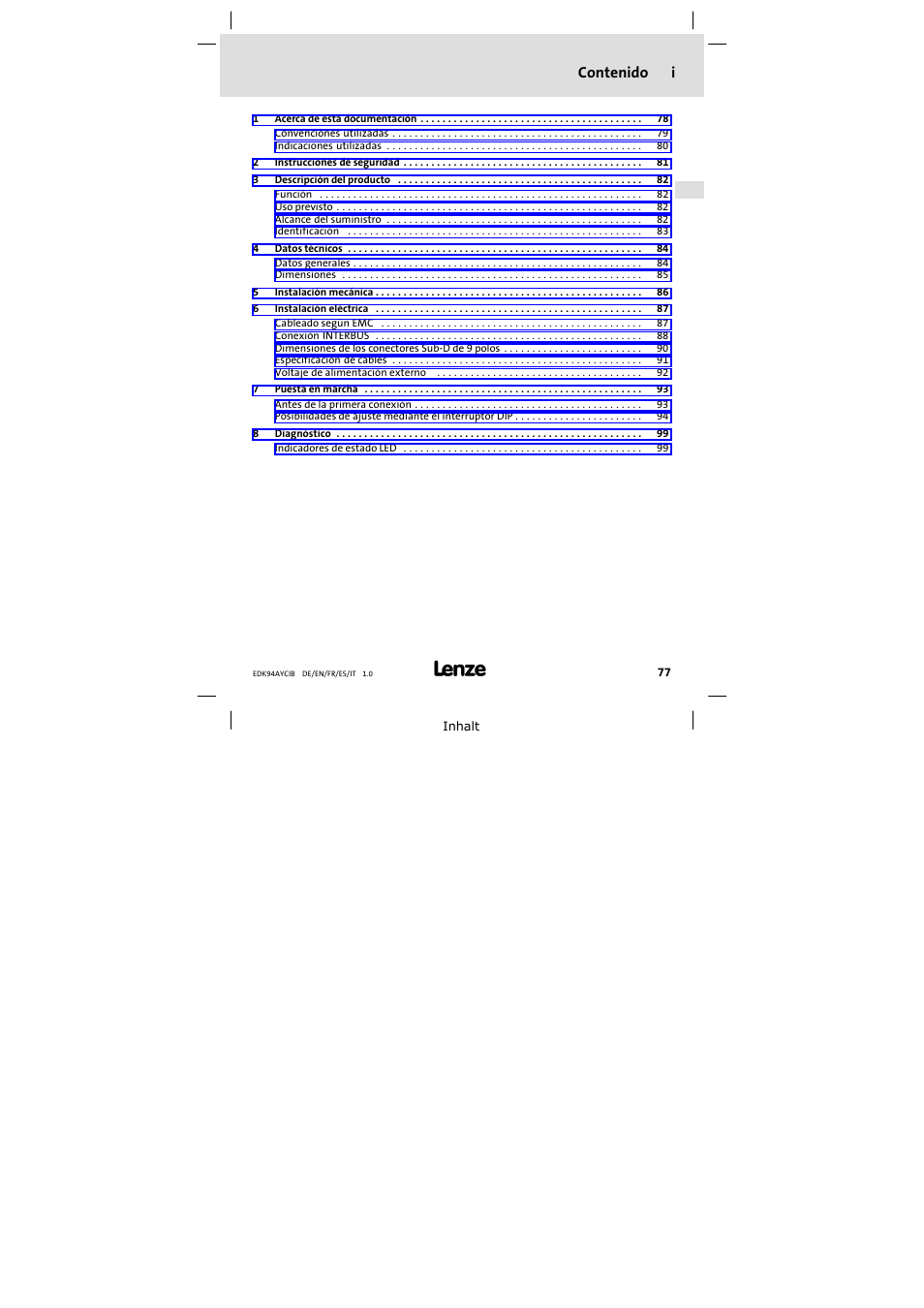 Lenze E94AYCIB User Manual | Page 77 / 124