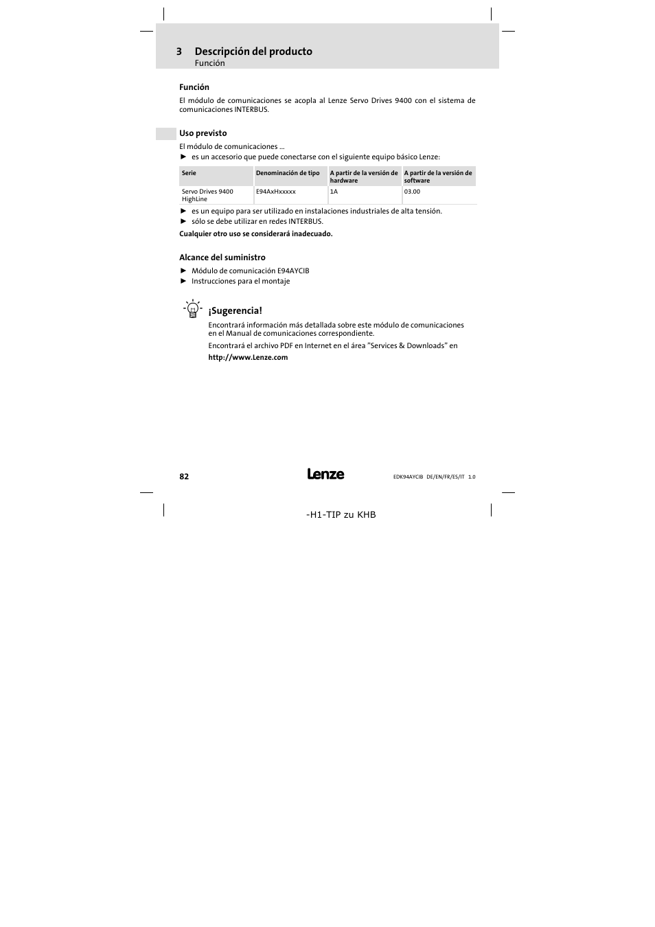 3 descripción del producto, Función, Uso previsto | Alcance del suministro, Descripción del producto, 3descripción del producto | Lenze E94AYCIB User Manual | Page 82 / 124