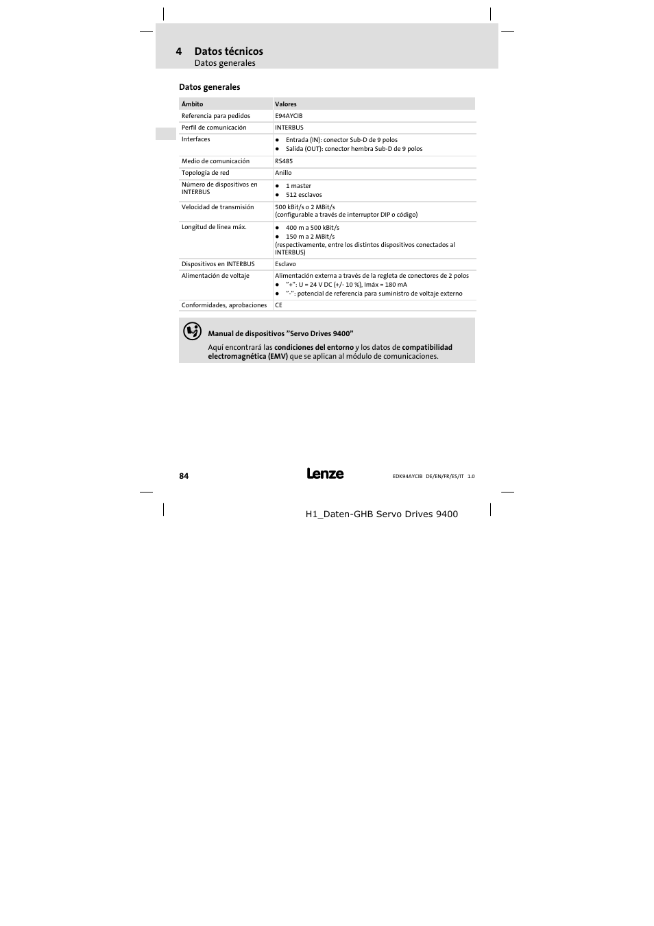 4 datos técnicos, Datos generales, Datos técnicos | 4datos técnicos | Lenze E94AYCIB User Manual | Page 84 / 124