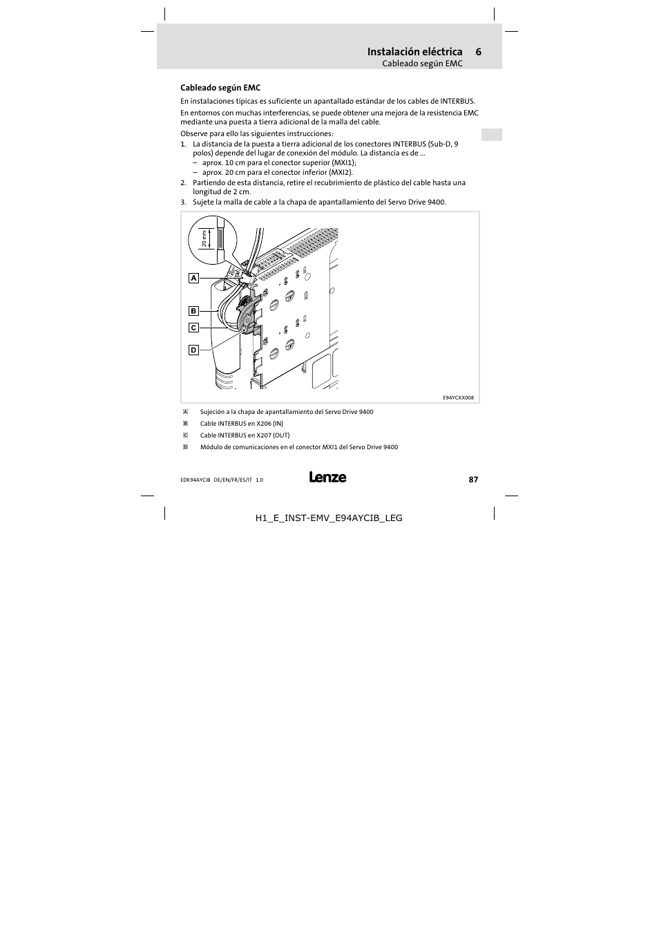 6 instalación eléctrica, Cableado según emc, Instalación eléctrica | Lenze E94AYCIB User Manual | Page 87 / 124