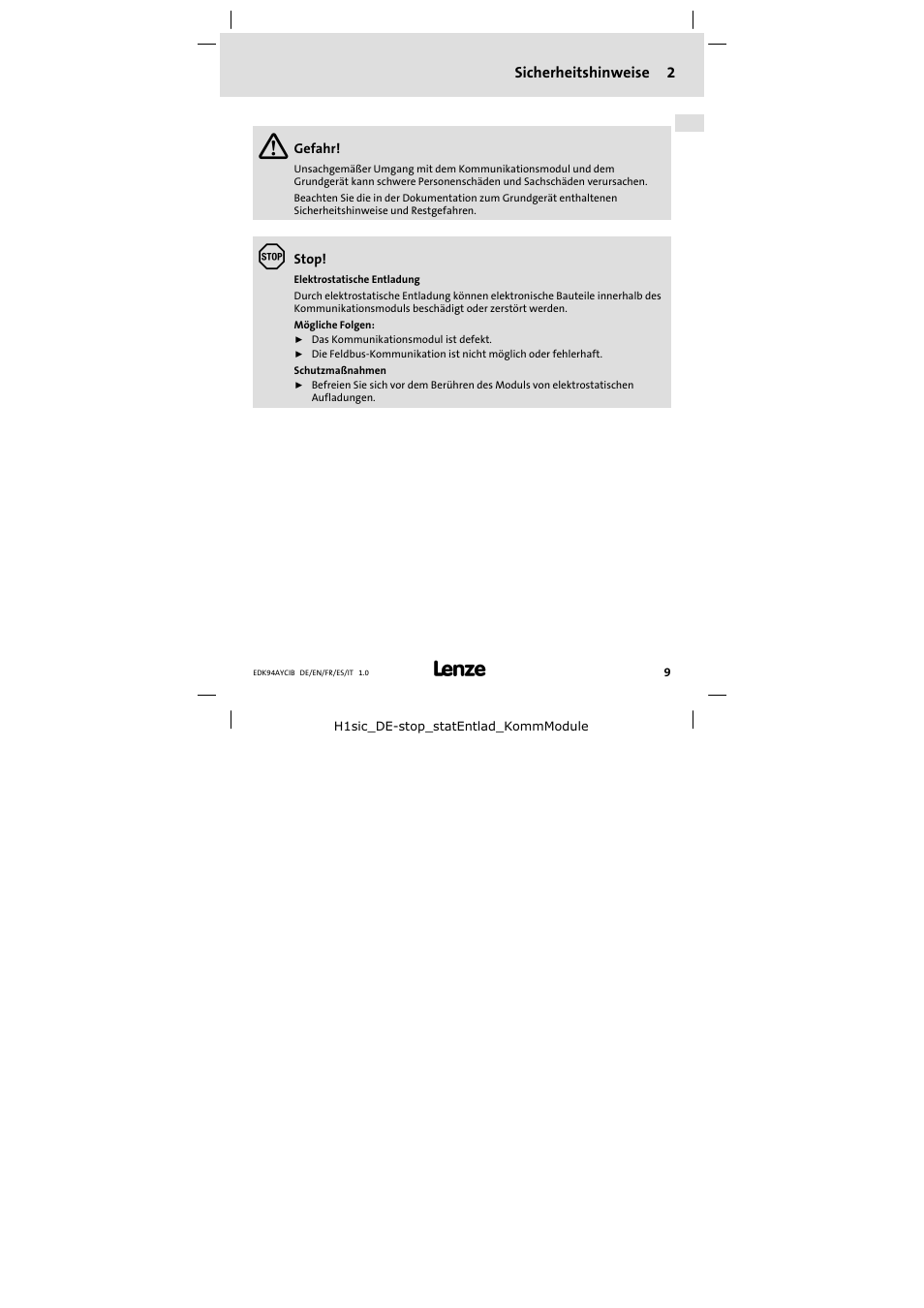 2 sicherheitshinweise, Sicherheitshinweise | Lenze E94AYCIB User Manual | Page 9 / 124