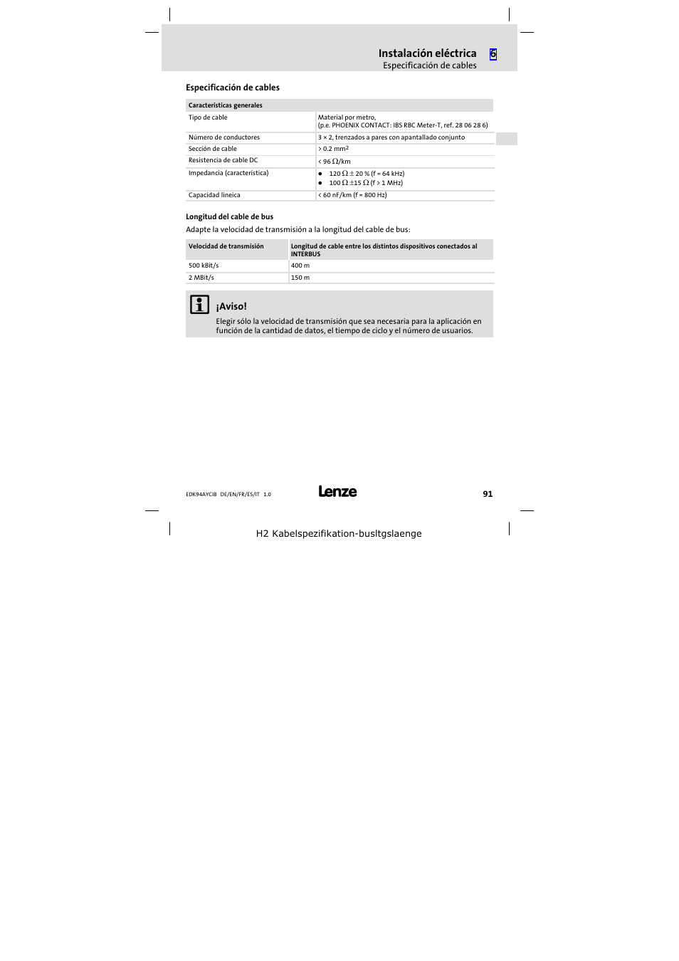 Especificación de cables, Especificación de cables 91, Instalación eléctrica | Lenze E94AYCIB User Manual | Page 91 / 124