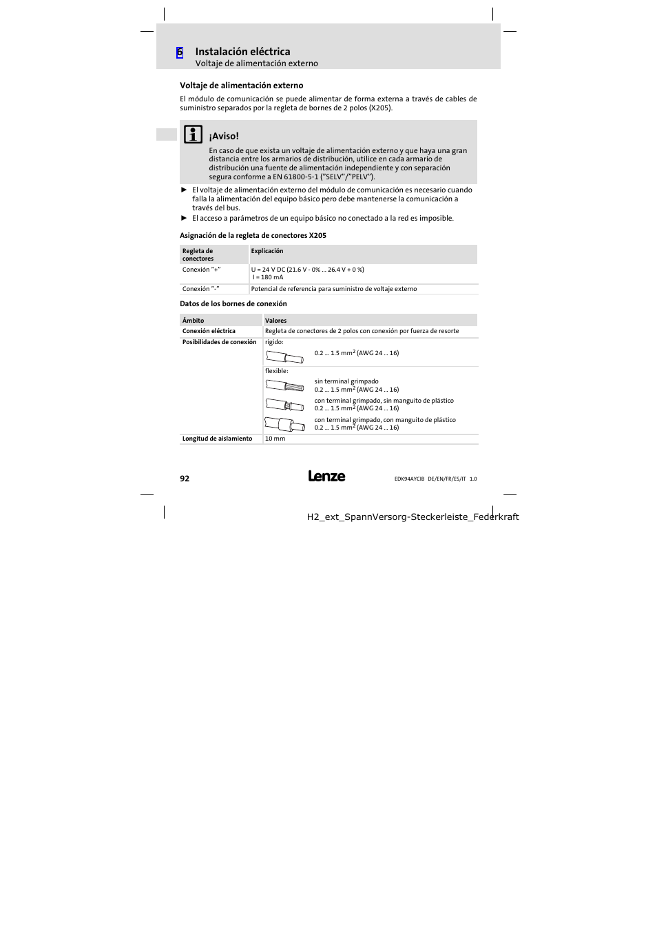 Voltaje de alimentación externo, 6instalación eléctrica, Aviso | Lenze E94AYCIB User Manual | Page 92 / 124