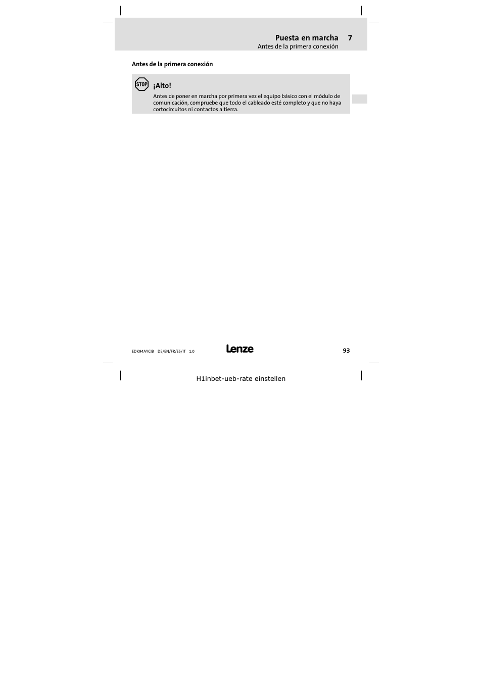 7 puesta en marcha, Antes de la primera conexión, Puesta en marcha | Lenze E94AYCIB User Manual | Page 93 / 124