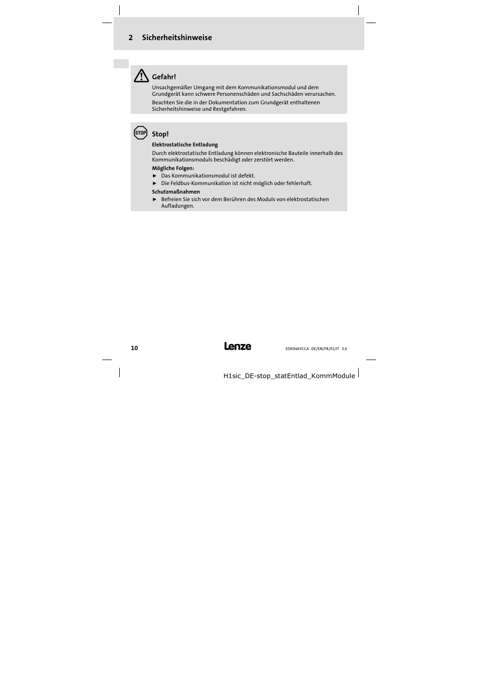 2 sicherheitshinweise, Sicherheitshinweise | Lenze E94AYCCA User Manual | Page 10 / 114