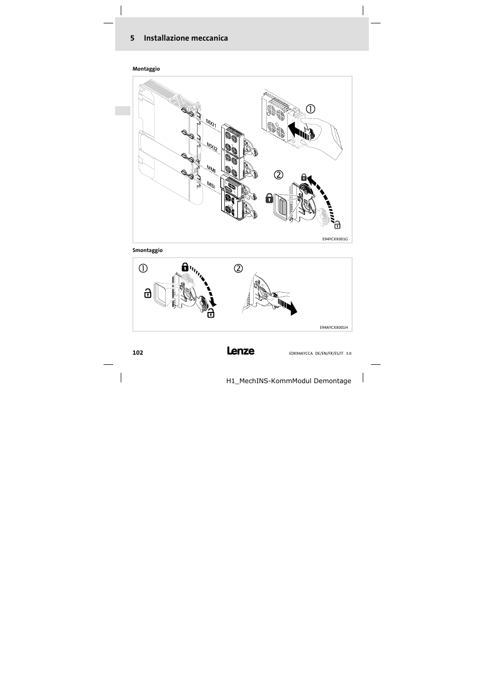 5 installazione meccanica, Installazione meccanica, 5installazione meccanica | Lenze E94AYCCA User Manual | Page 102 / 114