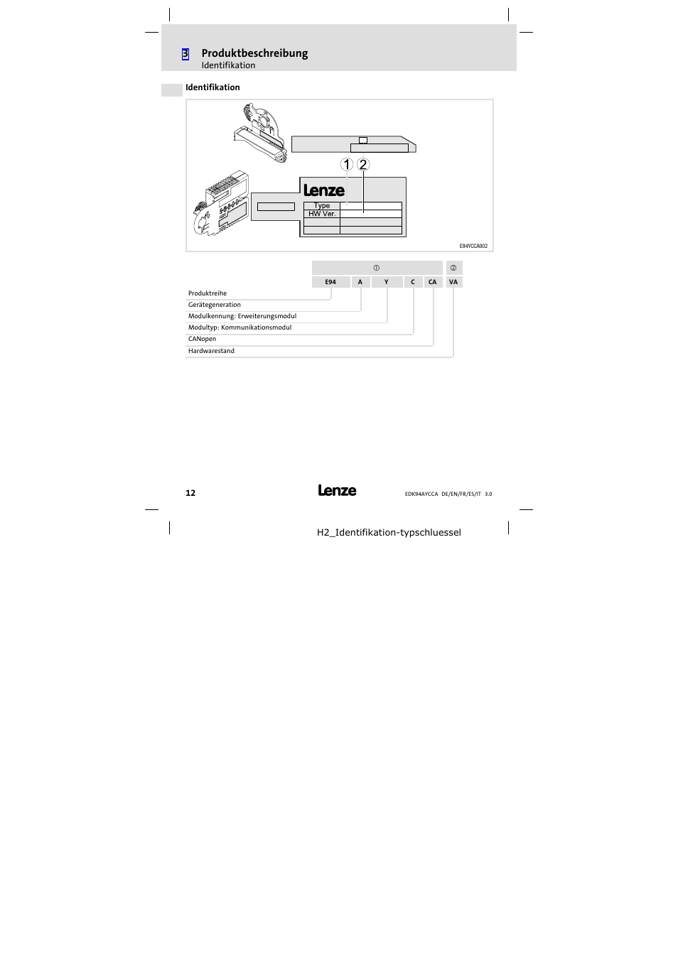 Identifikation, 3produktbeschreibung | Lenze E94AYCCA User Manual | Page 12 / 114