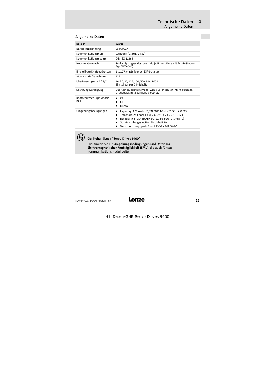 4 technische daten, Allgemeine daten, Technische daten | Lenze E94AYCCA User Manual | Page 13 / 114