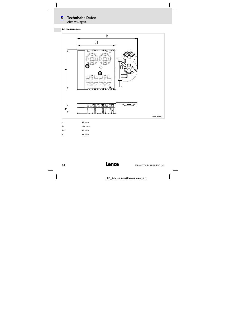 Abmessungen, 4technische daten | Lenze E94AYCCA User Manual | Page 14 / 114