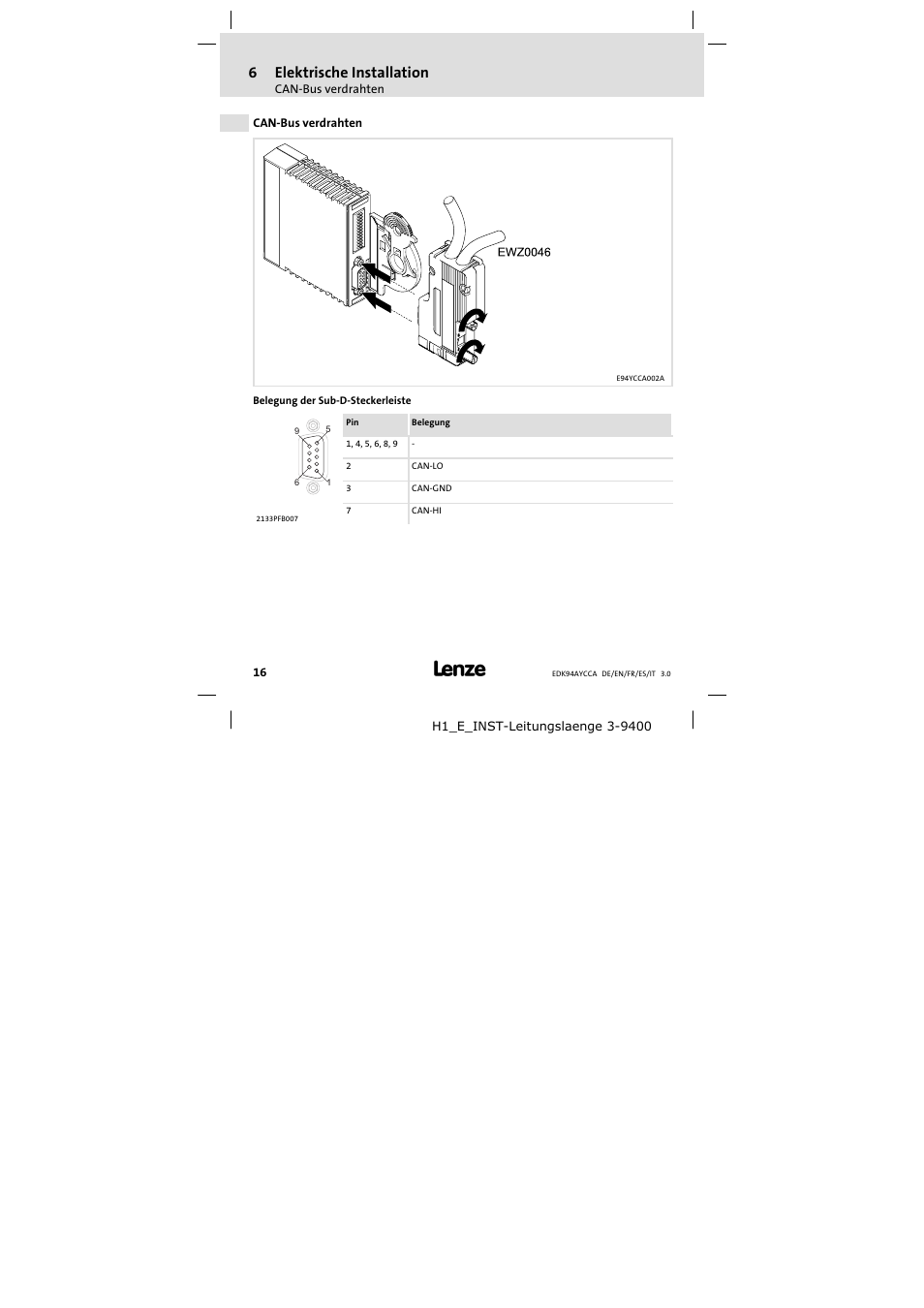 6 elektrische installation, Can-bus verdrahten, Elektrische installation | Can−bus verdrahten, 6elektrische installation | Lenze E94AYCCA User Manual | Page 16 / 114