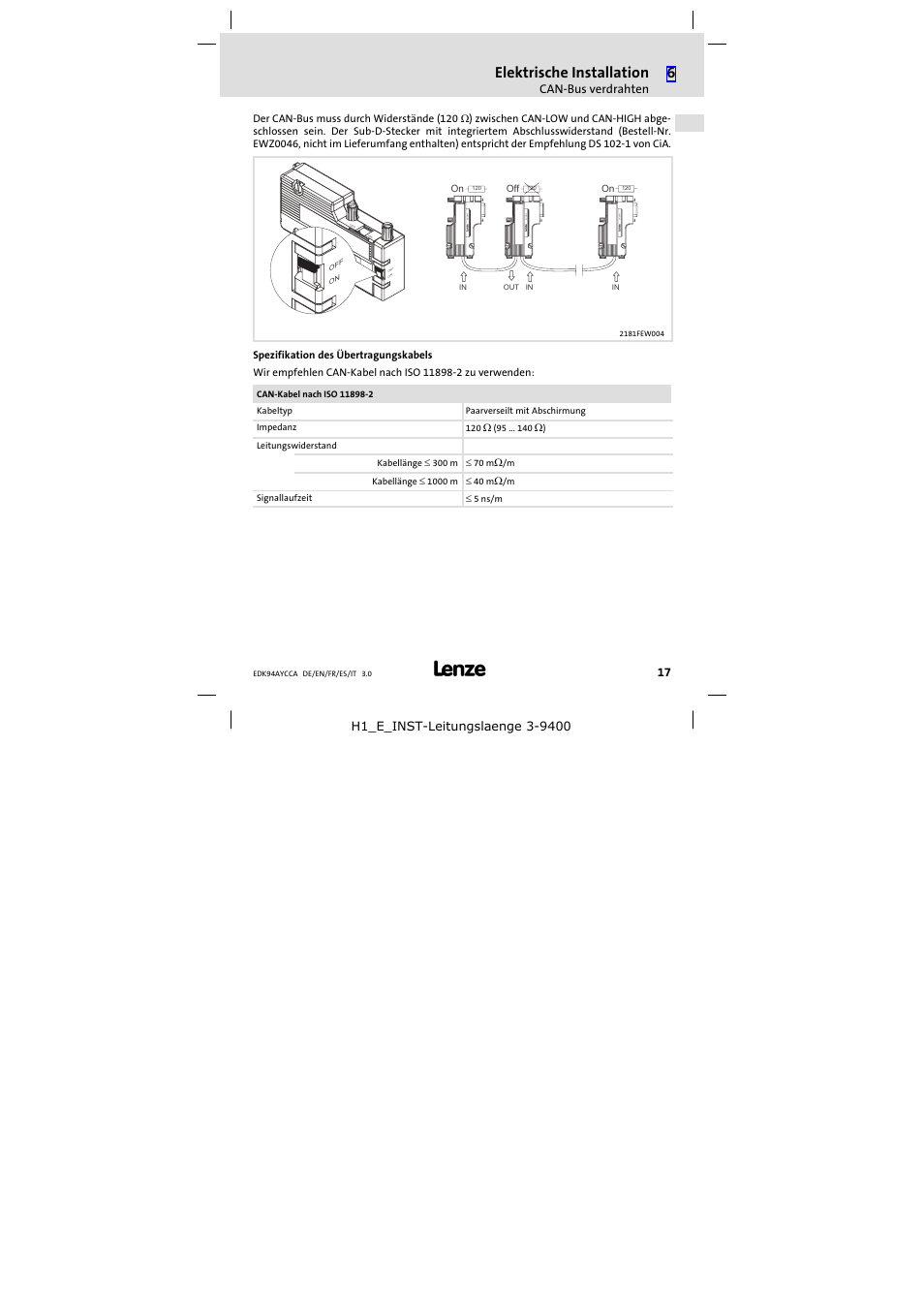 Elektrische installation, Ewz0046 | Lenze E94AYCCA User Manual | Page 17 / 114