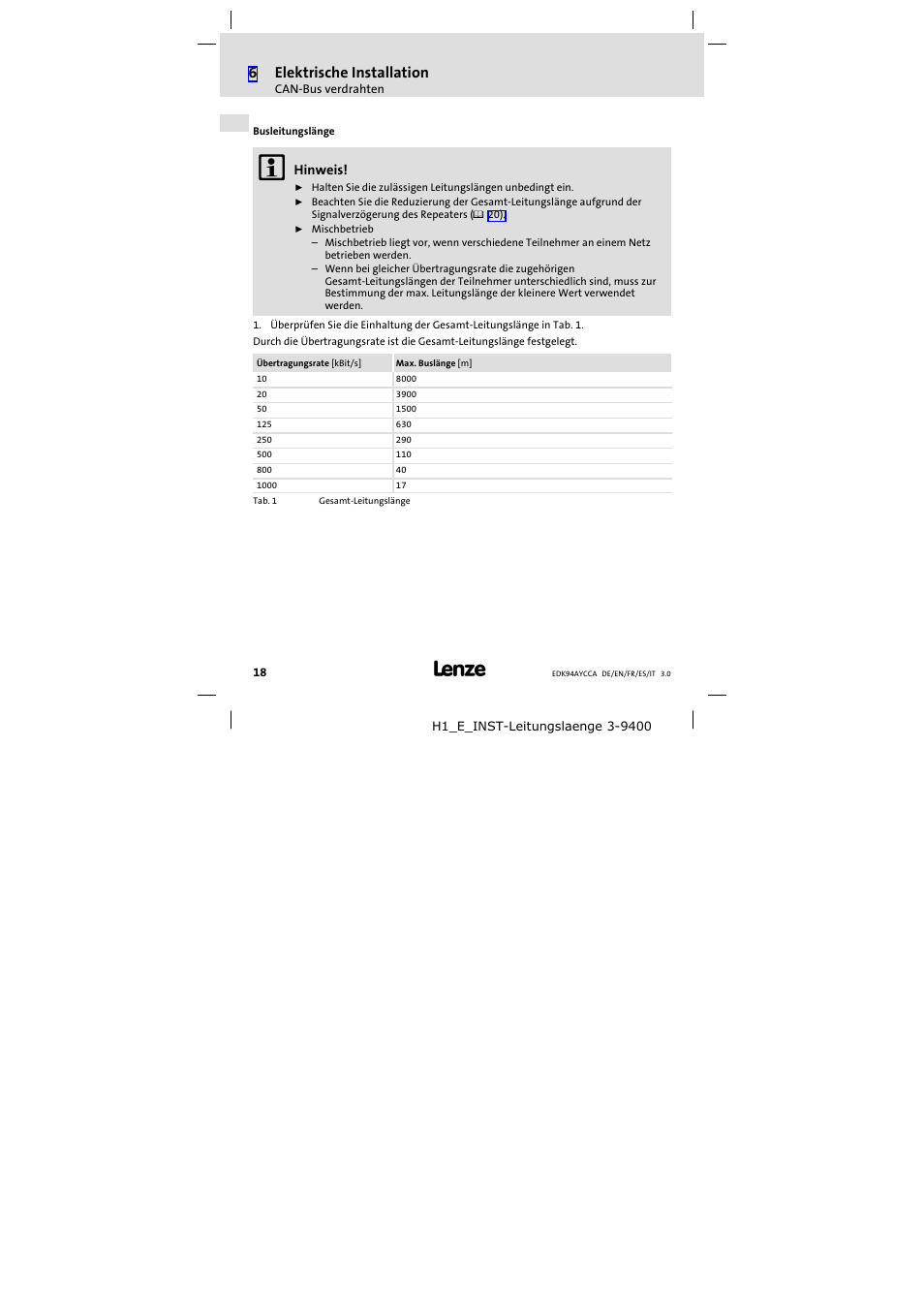 Busleitungslänge, 6elektrische installation | Lenze E94AYCCA User Manual | Page 18 / 114