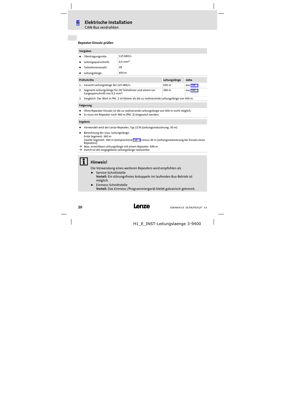 6elektrische installation, Hinweis | Lenze E94AYCCA User Manual | Page 20 / 114
