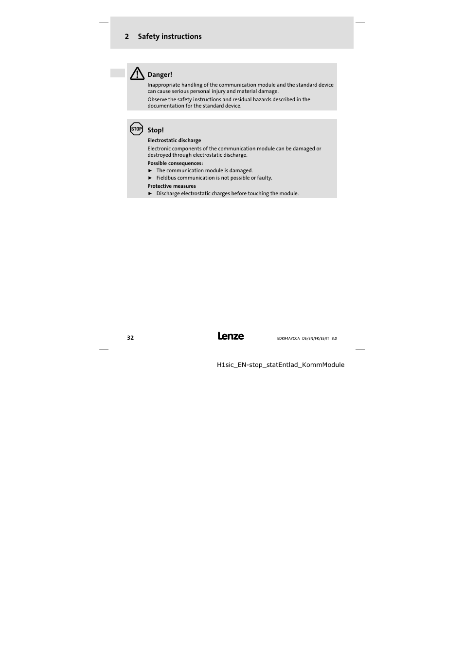 2 safety instructions, Safety instructions | Lenze E94AYCCA User Manual | Page 32 / 114