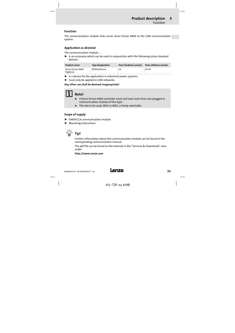3 product description, Function, Application as directed | Scope of supply, Product description, Function 33 | Lenze E94AYCCA User Manual | Page 33 / 114