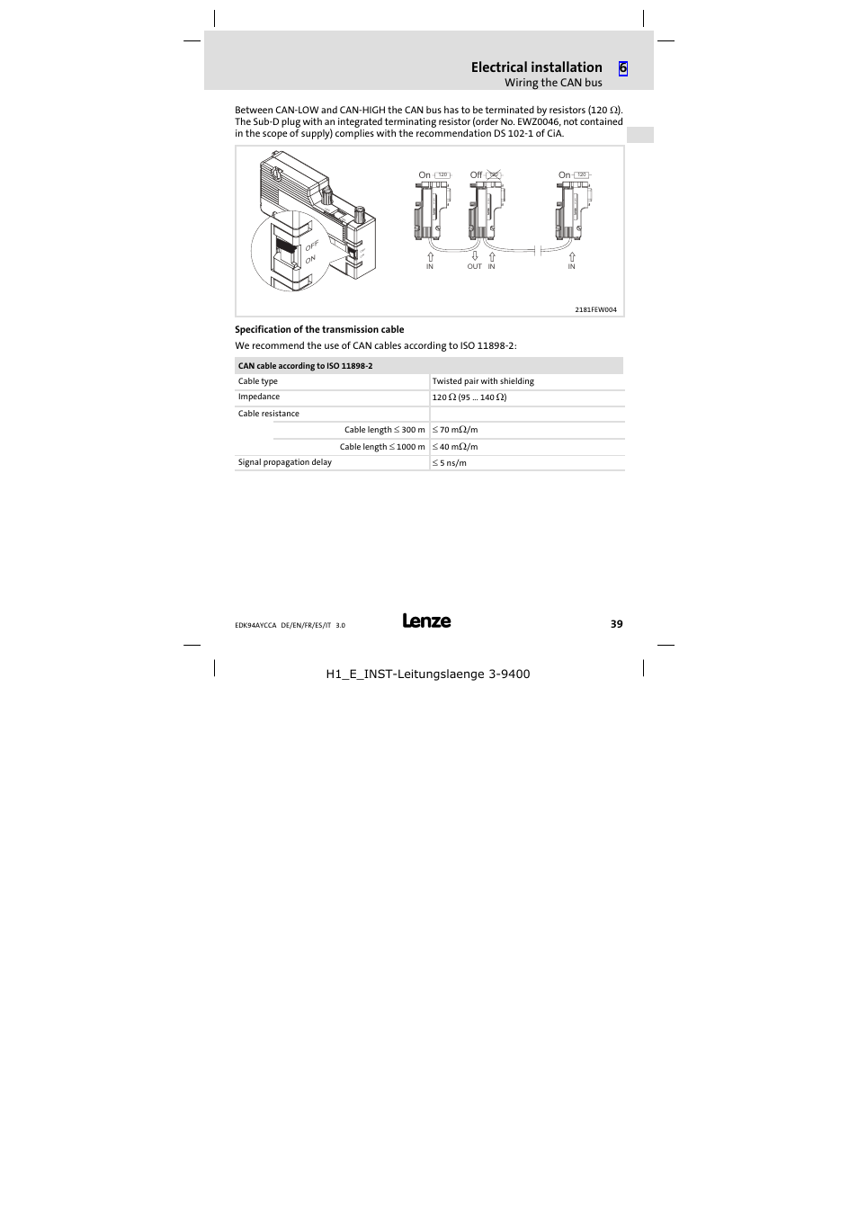 Electrical installation, Ewz0046 | Lenze E94AYCCA User Manual | Page 39 / 114